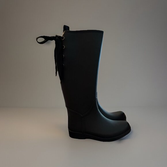 Coach Tristee Black Matte Knee High Lace Up Lined Rain Boot, Size 7, Feminine - Picture 2 of 8